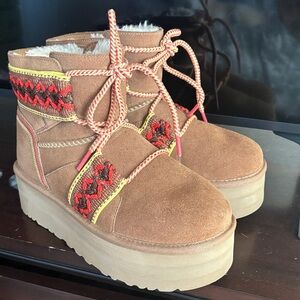 UGG Tan Suede Platform Boots with Red and Yellow Accents